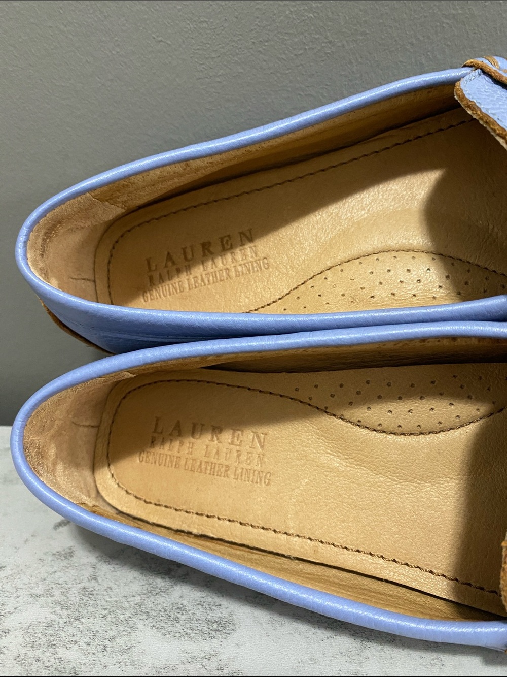 Ralph Lauren Carley Liight Blue Pebbled Leather Loafers with Gold RL Medallion - Picture 12 of 14